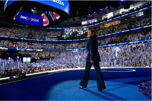 Photograph of U.S. Vice President Kamala Harris taking the stage to accept the nomination for U.S. president at the Democratic National Convention